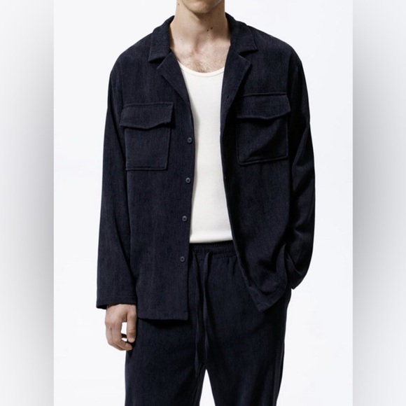 ZARA Man Large Navy Blue Relaxed Fit Corduroy Suit Button Down Shirt Shacket - Picture 4 of 16